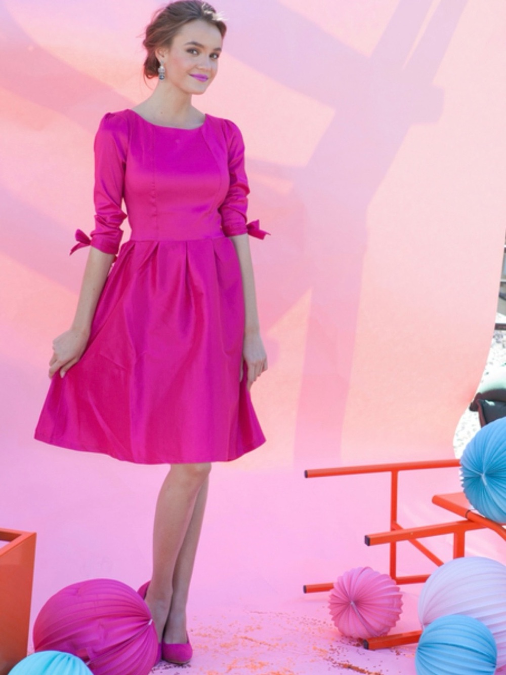 Shabby Apple Hot Pink Taffeta 
Fit-and-Flare Dress with Tie Sleeves Size 10
